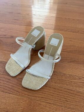 Dolce Vita Natural Woven Block Heel Sandals with Clear Straps